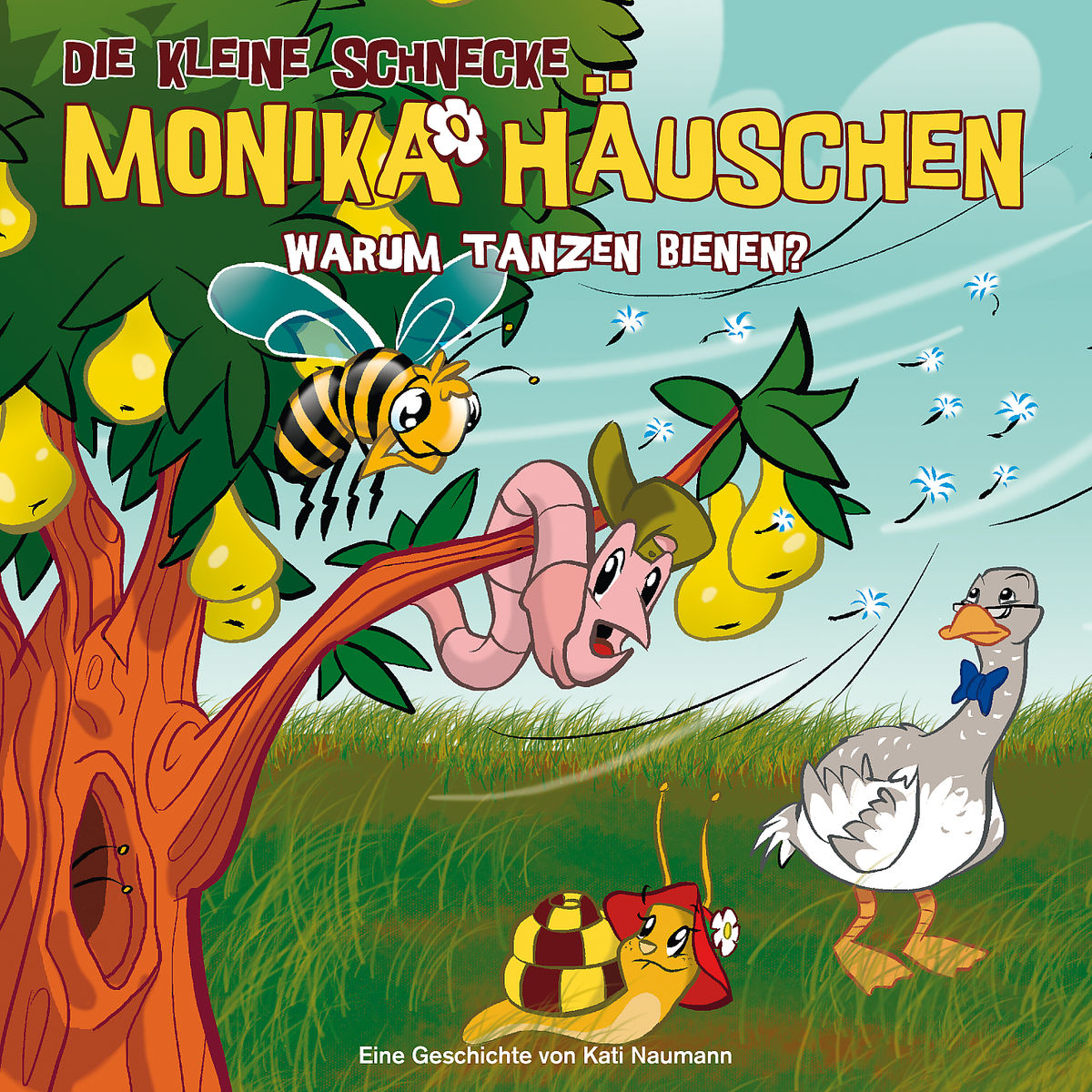 Cartoon-Cover. Eine Biene, ein Wurm mit Hut, eine Schnecke und eine Gans stehen in der Nähe eines Baumes mit Birnen, grüner Hintergrund.