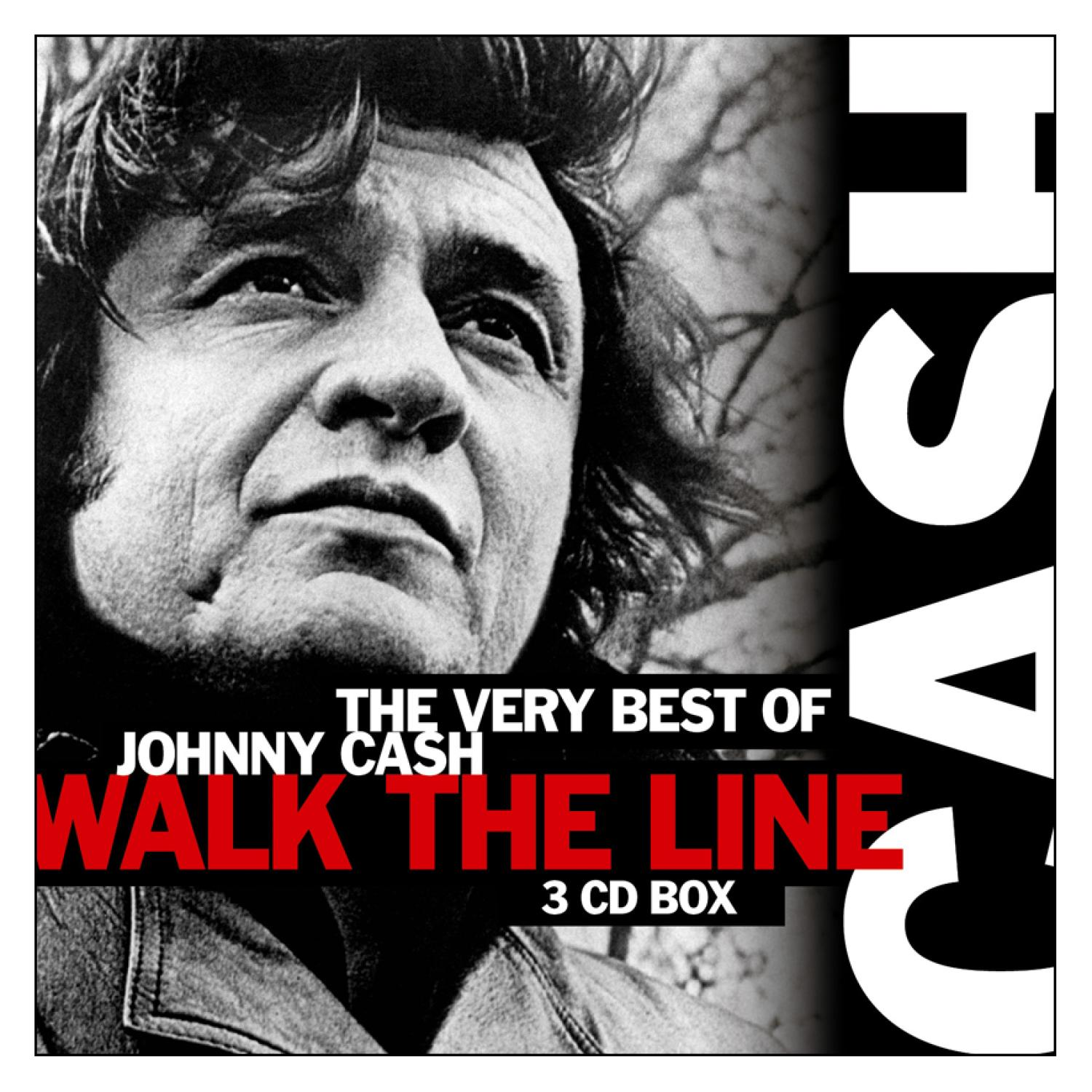 Albumcover für Johnny Cash mit einem Schwarz-Weiß-Foto von ihm. Der Titel 'Walk the Line' ist hervorgehoben.