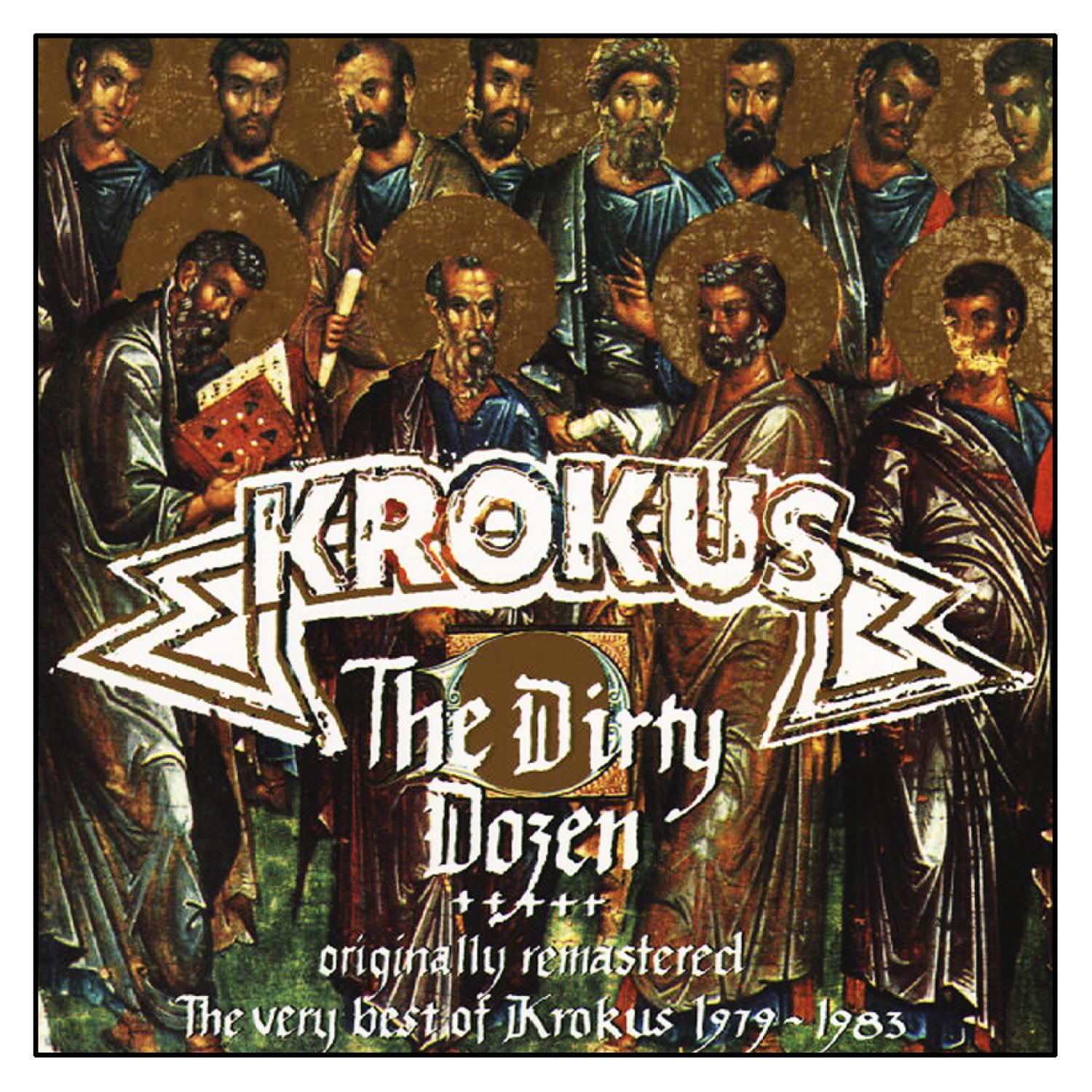 Krokus Albumcover. Gruppe von Personen mit Heiligenschein. Text in der Mitte. Der Hintergrund ist Gold.
