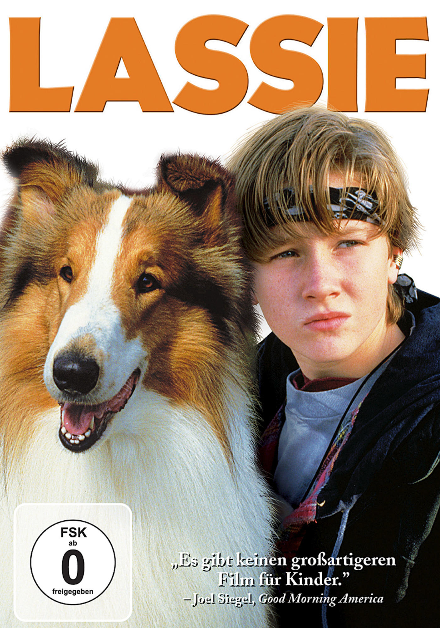 Filmplakat für Lassie. Collie-Hund mit einem Jungen. Weißer Hintergrund. Text: Lassie.