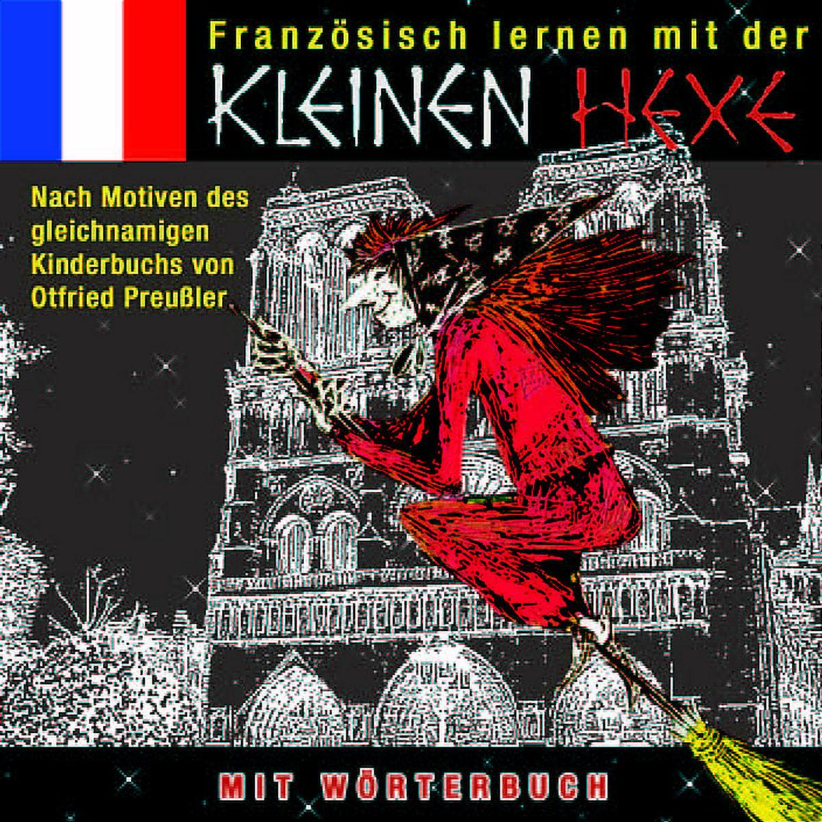 Buchcover: Hexe auf einem Besen vor einem Gebäude mit deutschem Text.