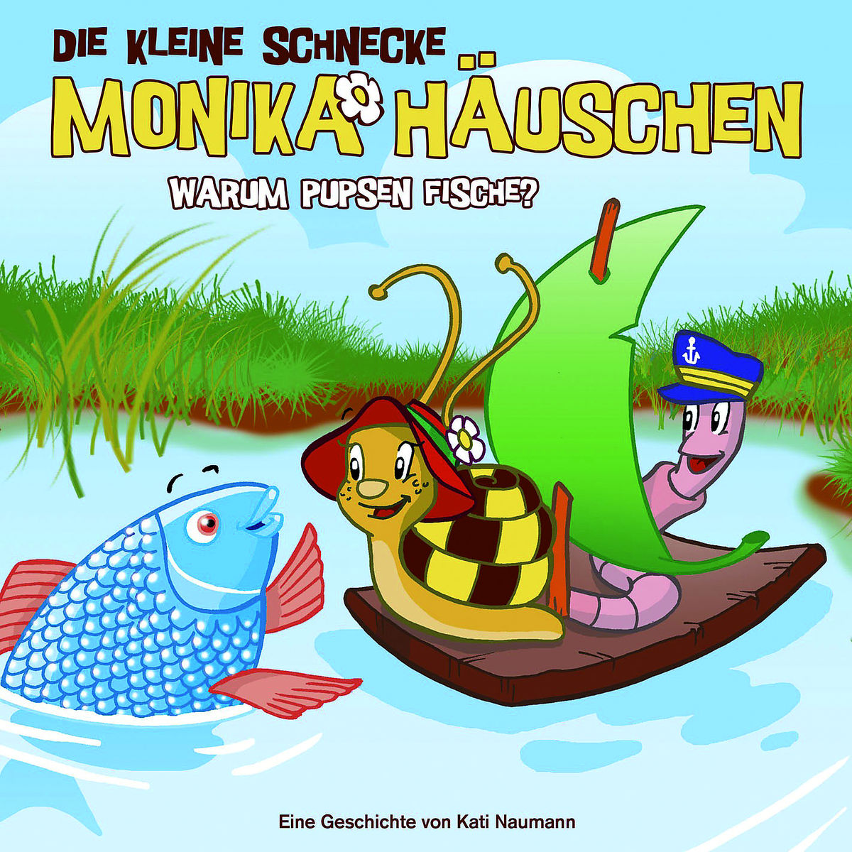 Kinderbuchcover: Schnecke, Fisch und Wurm auf einem Boot. Text: "Monikas Häuschen".