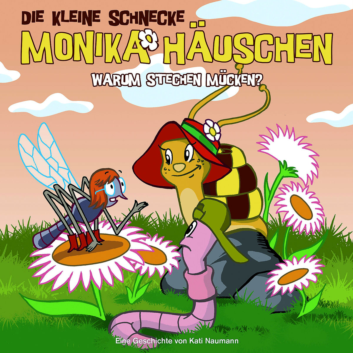 Kinderbuchcover mit Schnecke, Wurm und Fliege. Cartoon-Stil mit Blumen.