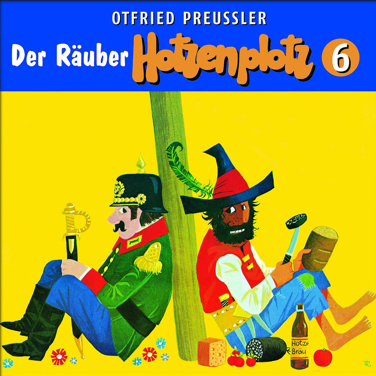 Buchcover. Zwei Zeichentrickfiguren in Kostümen stehen auf gelbem Hintergrund. Titel: "Der Räuber Hotzenplotz 6".