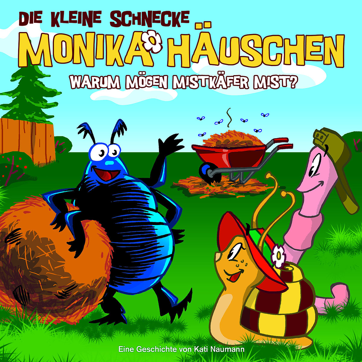 Kinderbuchcover. Cartoon blaue Käfer, Schnecke, rote Schubkarre und Text.