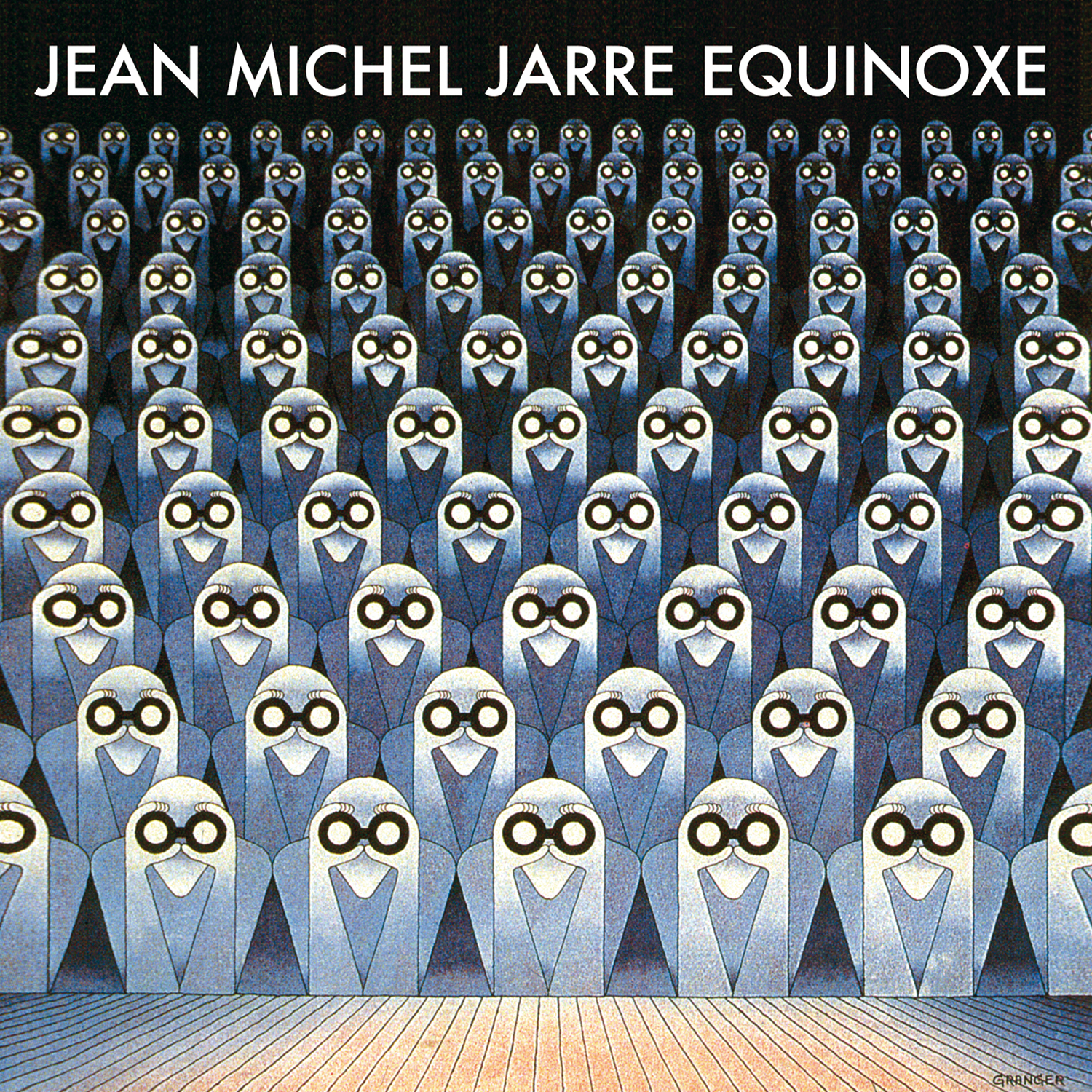 Albumcover: Viele eulenartige Figuren mit Brille. Text: "Jean Michel Jarre Equinoxe".