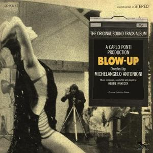 Blow-Up Soundtrack-Albumcover mit Frau, Fotograf und Filmtitel.