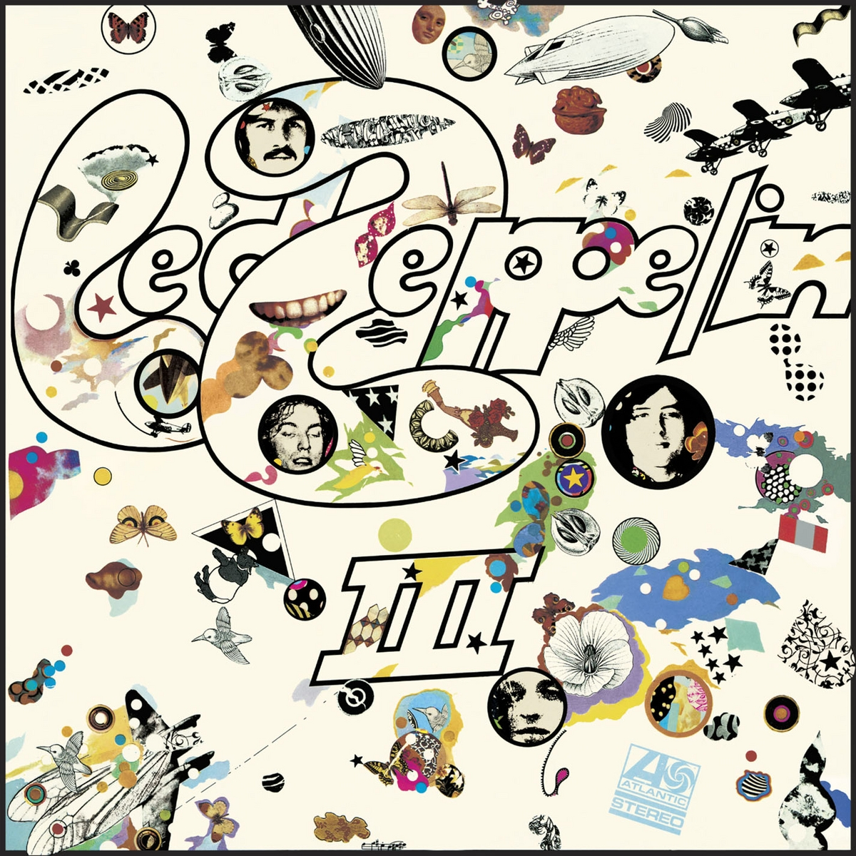 Albumcover für Led Zeppelin III, mit einer Collage aus Bildern und Text.