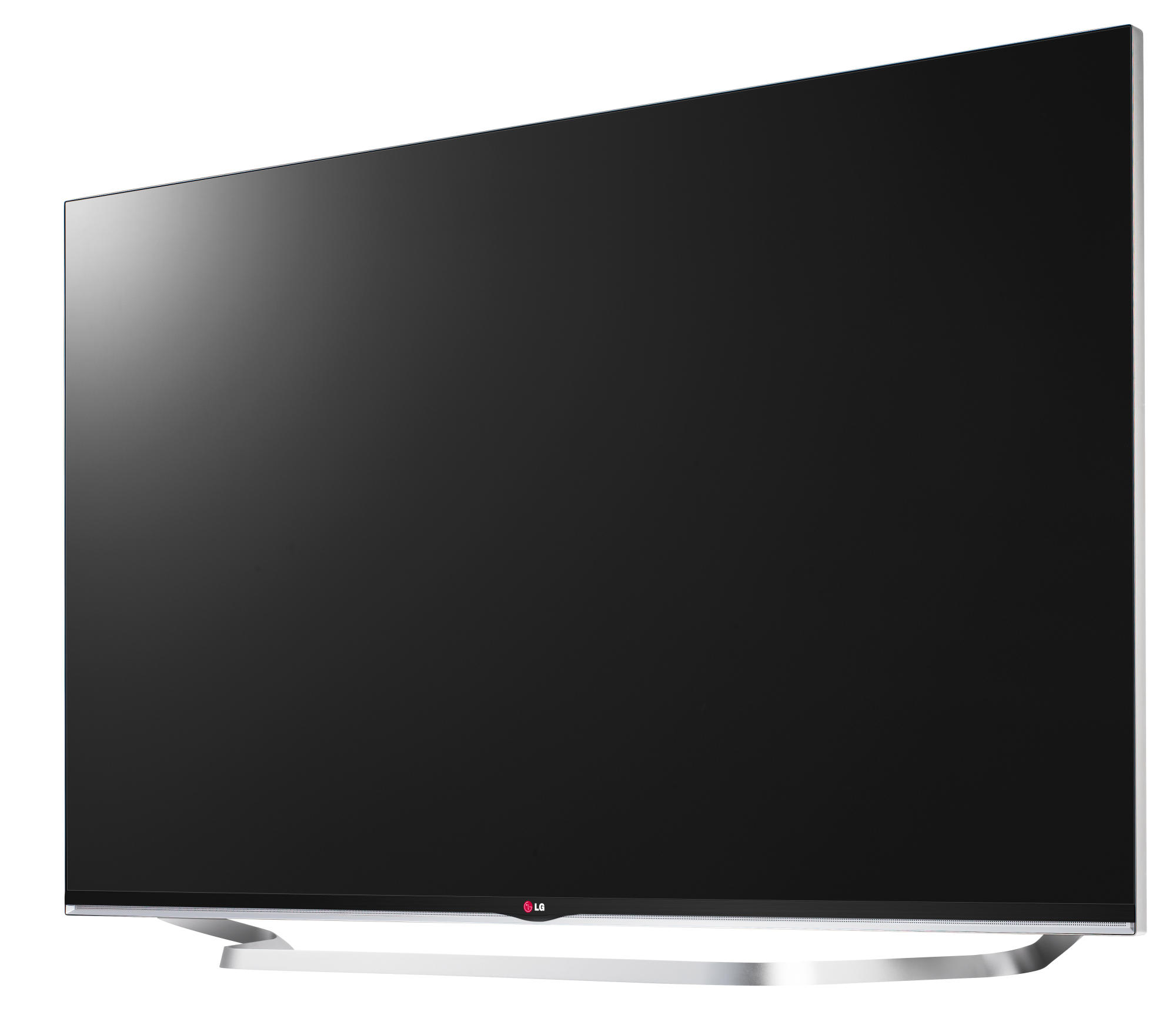 Pantalla de TV negra curva grande con base plateada. Logotipo de LG visible.