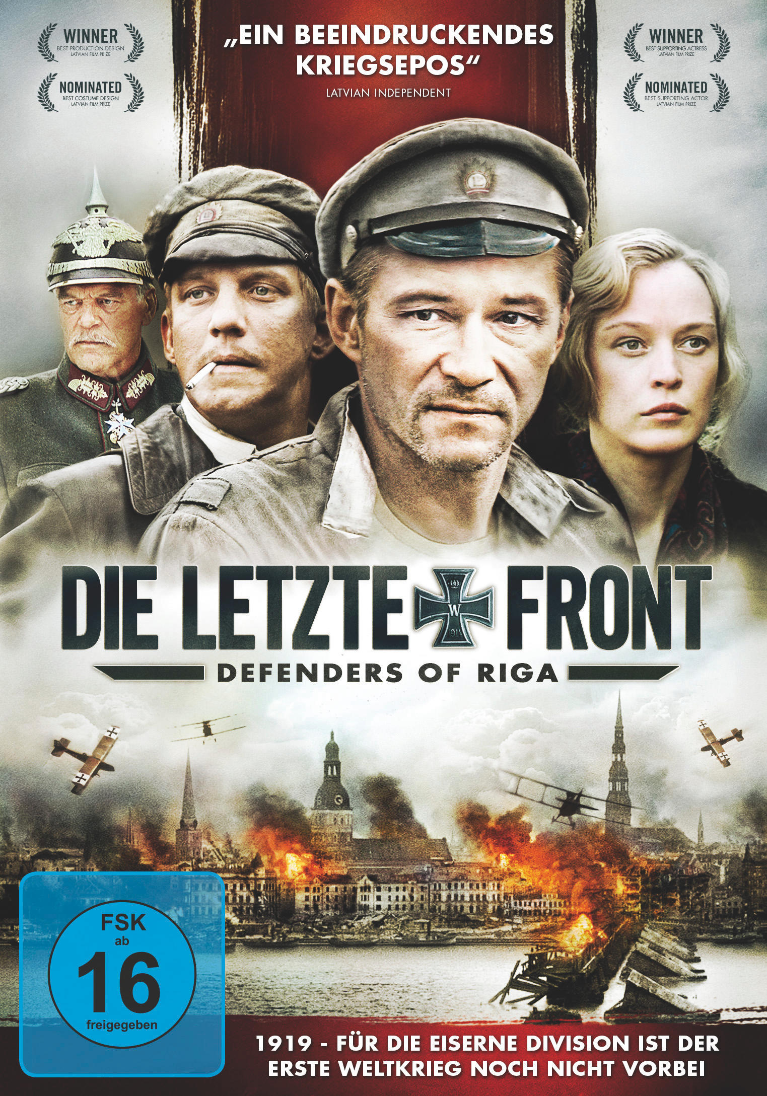 Ein Filmplakat mit einer Kriegsszene und mehreren Personen im Vordergrund.