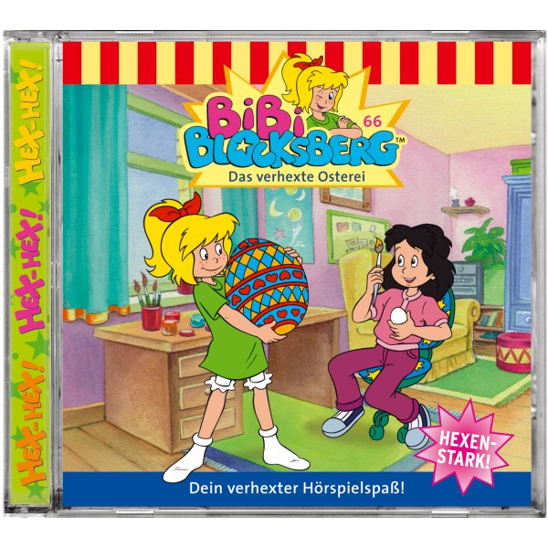 Bibi Blocksberg Albumcover. Zwei Mädchen, eines hält ein Ei, das andere malt. Cartoon-Stil.