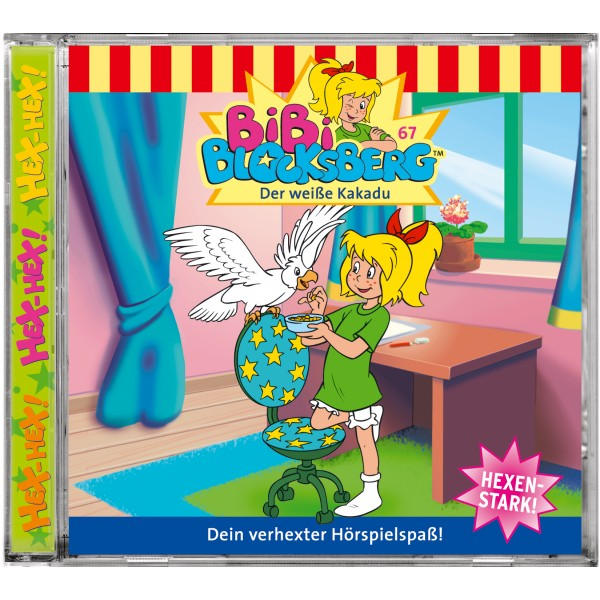 Cartoon-Bild eines Mädchens mit einem Papagei auf einem Stuhl. Text: 'BiBi Blocksberg' und 'Der weiße Kakadu'.