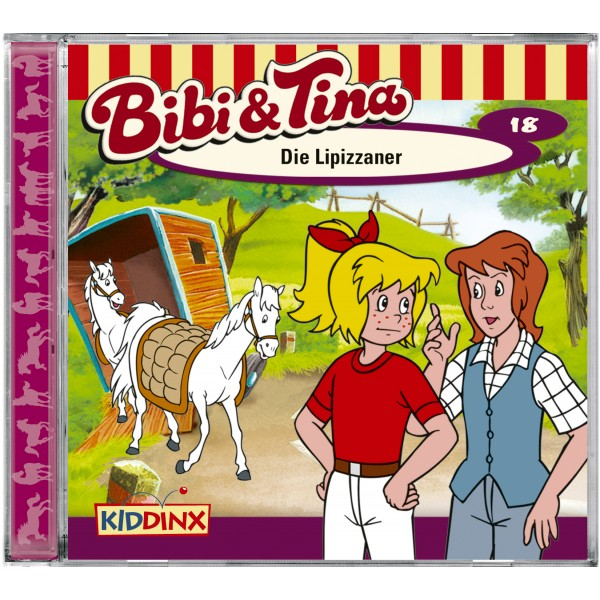 CD-Cover. Zwei Mädchen mit Pferden in der Nähe einer Kutsche. Titel: Bibi & Tina - Die Lipizzaner. Cartoon-Stil.