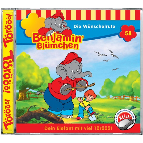 CD-Cover: Benjamin Blümchen. Ein Elefant und ein Junge mit Schaufel in einer Zeichentrickszene.