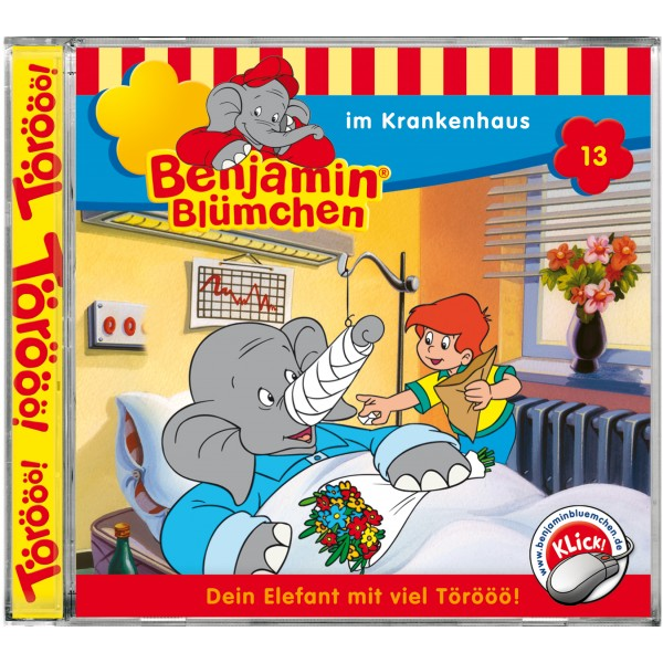 Albumcover: Cartoon eines Elefanten mit Verband, einem Jungen und Blumen. Text sagt 'Benjamin Blümchen'.