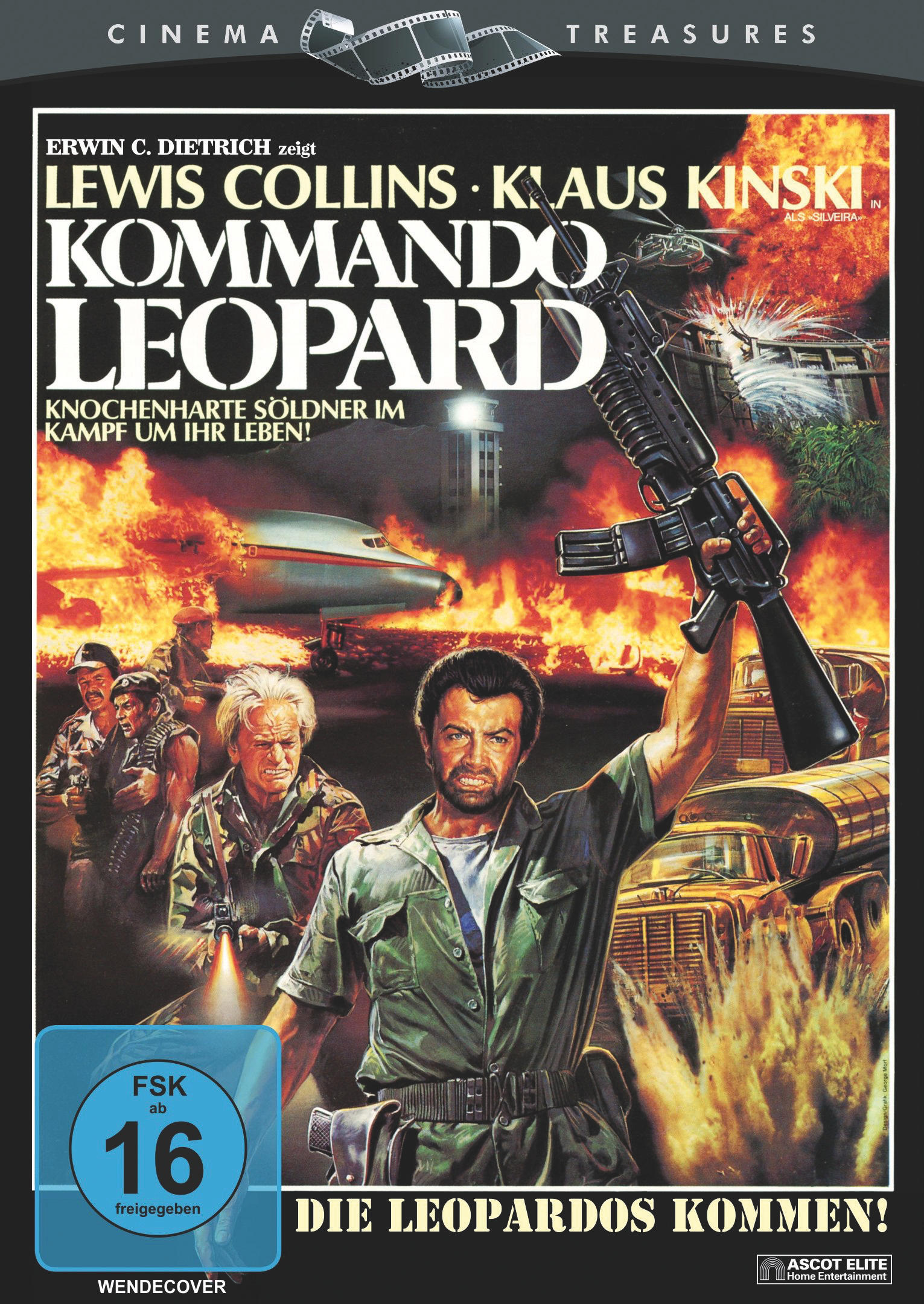 DVD-Cover. Ein Mann hält eine Waffe, andere Männer um ihn herum. Text sagt 'Kommando Leopard'.