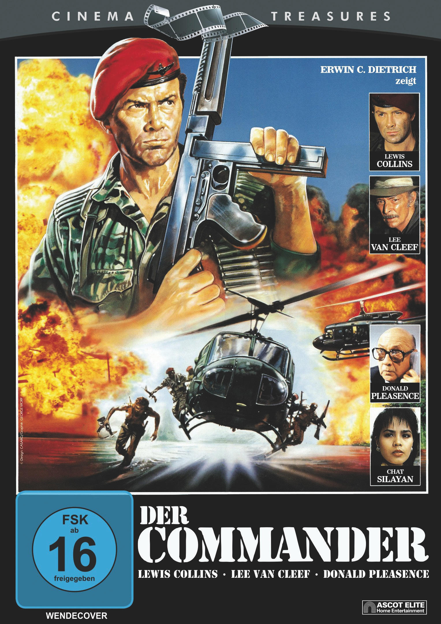 Filmposter für 'Der Commander'. Ein Mann mit einer Waffe, Helikopter und verschiedene Schauspieler-Porträts.