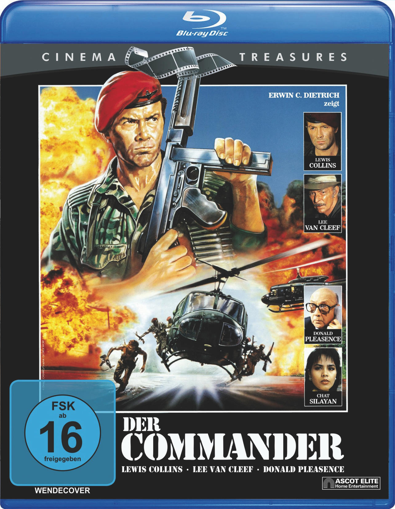Filmplakat eines Mannes mit einer Waffe, Explosionen im Hintergrund. Hubschrauber fliegen.