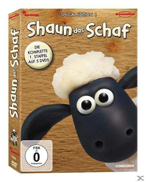 DVD-Cover von Shaun das Schaf, mit Shauns Gesicht und Text auf Deutsch.