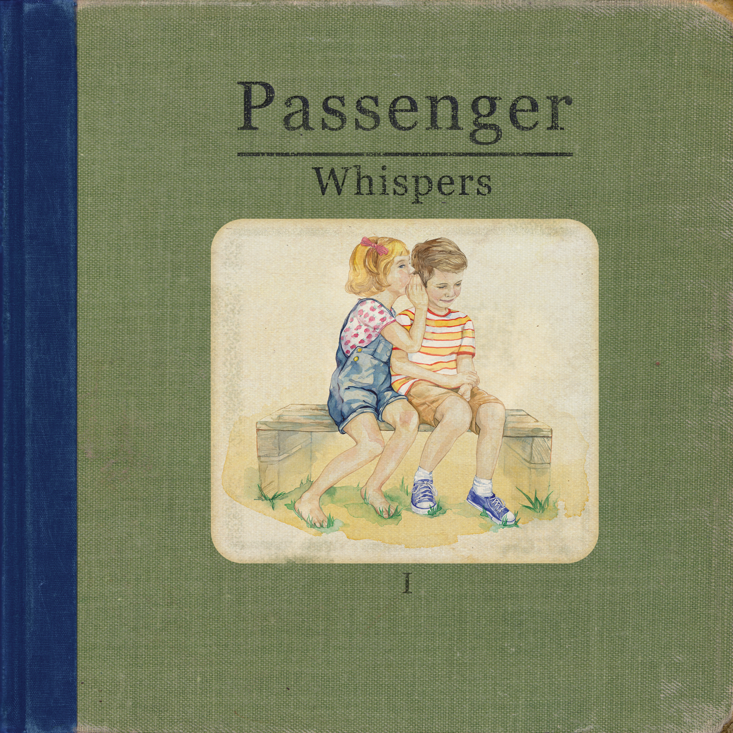 Buchcover, ein Mädchen flüstert einem Jungen ins Ohr. Titel ist 'Passenger Whispers', grüner Hintergrund.