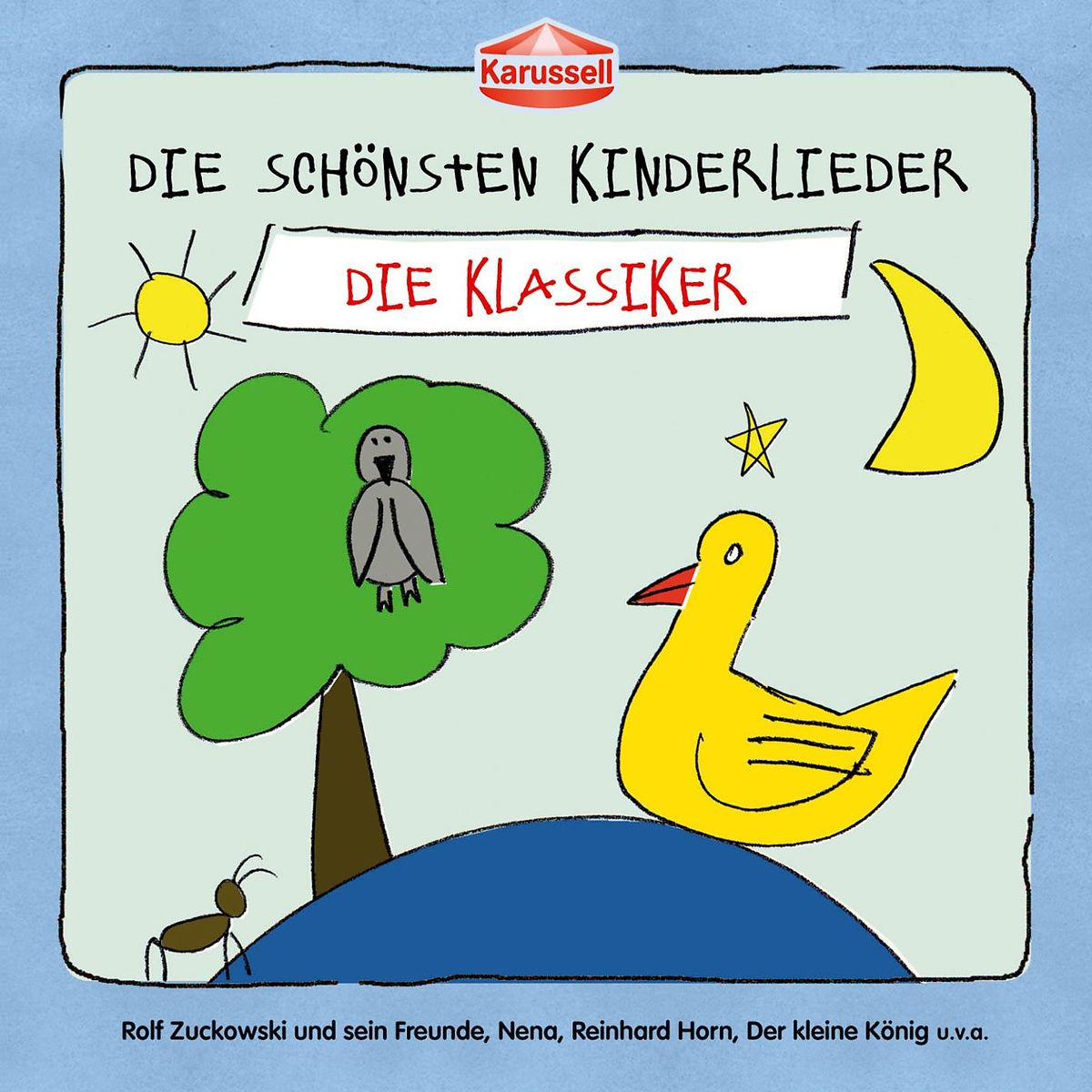 Illustration von Baum, Eule, Ente, Mond, Sonne und Text auf Deutsch.