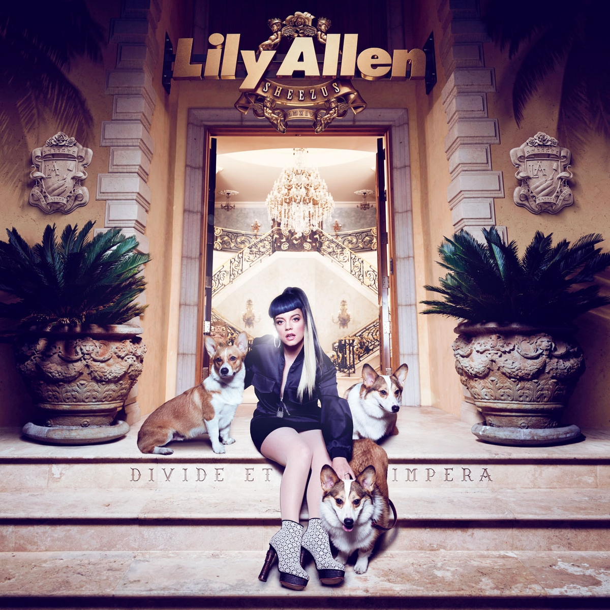 Lily Allen auf einer Veranda mit Hunden. Titel oben und Divide et Impera unten.