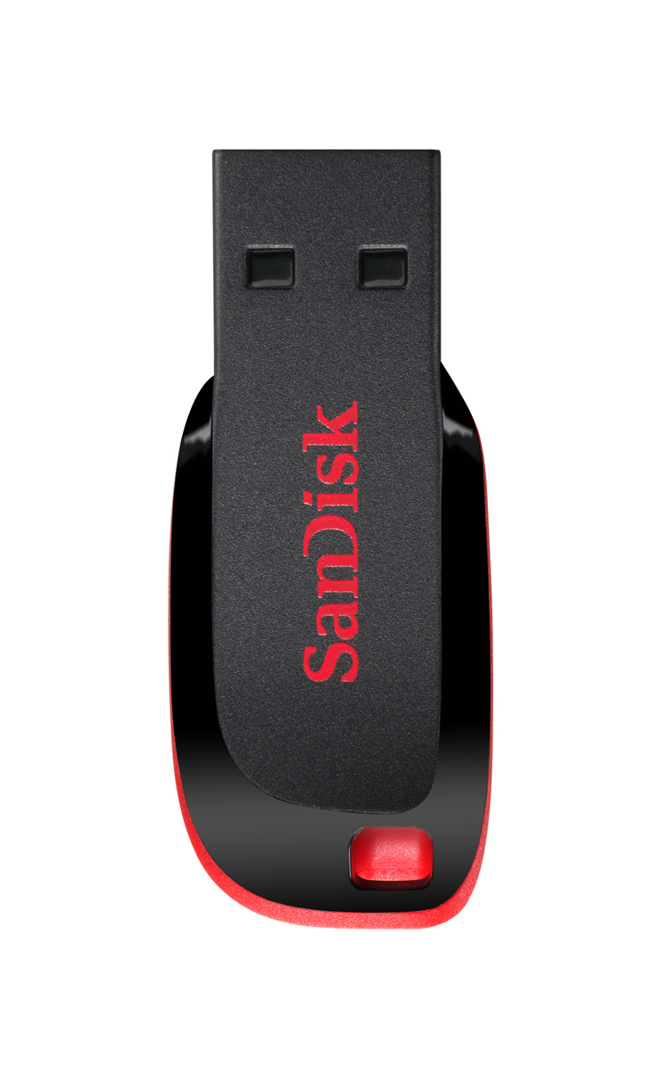 Ein schwarzer und roter SanDisk USB-Stick auf weißem Hintergrund. Roter Knopf am Ende.