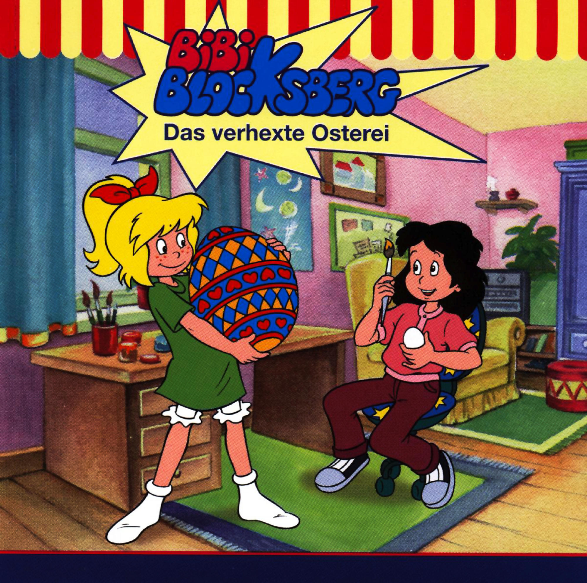 Cartoonbild von zwei Mädchen, eins hält ein verziertes Ei, das andere einen Pinsel.