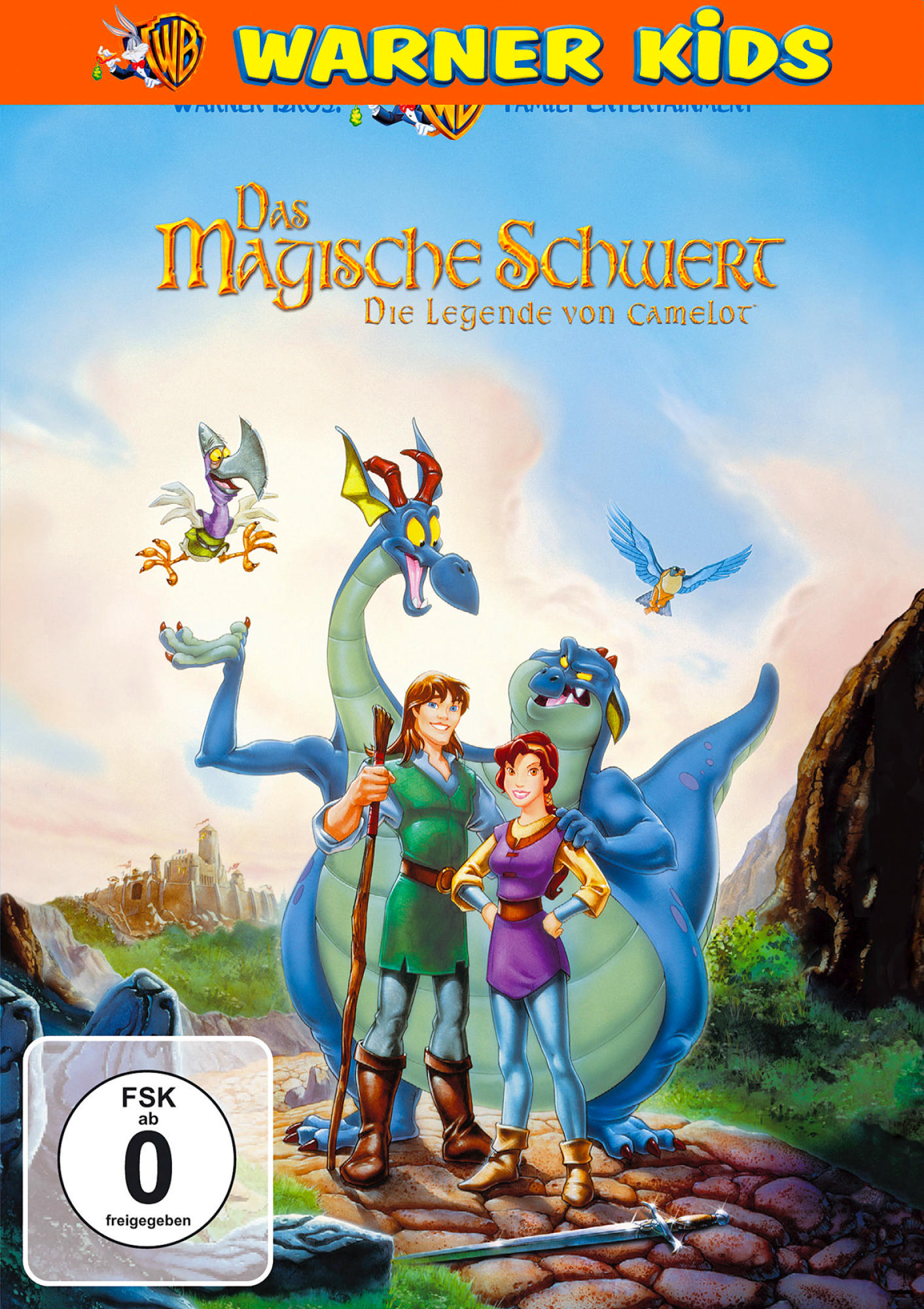 Filmcover: 'Das Magische Schwert'. Cartoon mit einem Drachen, zwei Personen und einer Burg am blauen Himmel.