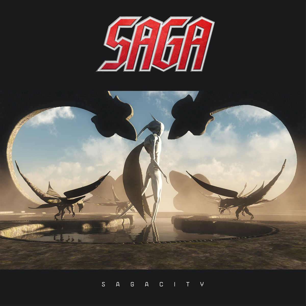 SAGA-Logo über einer humanoiden Figur mit Flügeln, die in einem Wasserbecken steht, mit einem landschaftlichen Hintergrund.