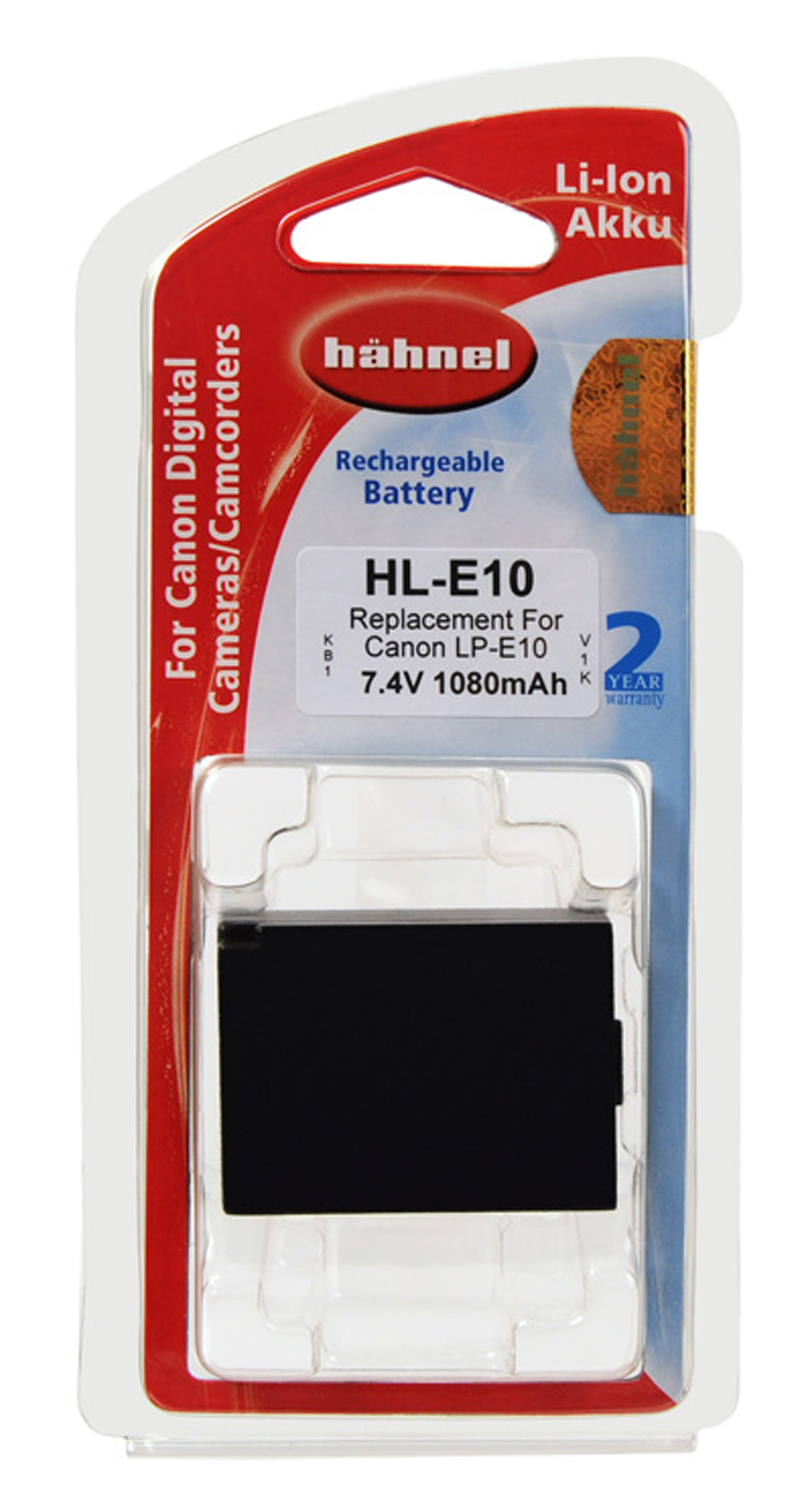 Hähnel Akku für Canon Kameras. Weiße und rote Verpackung. Text und Logo.
