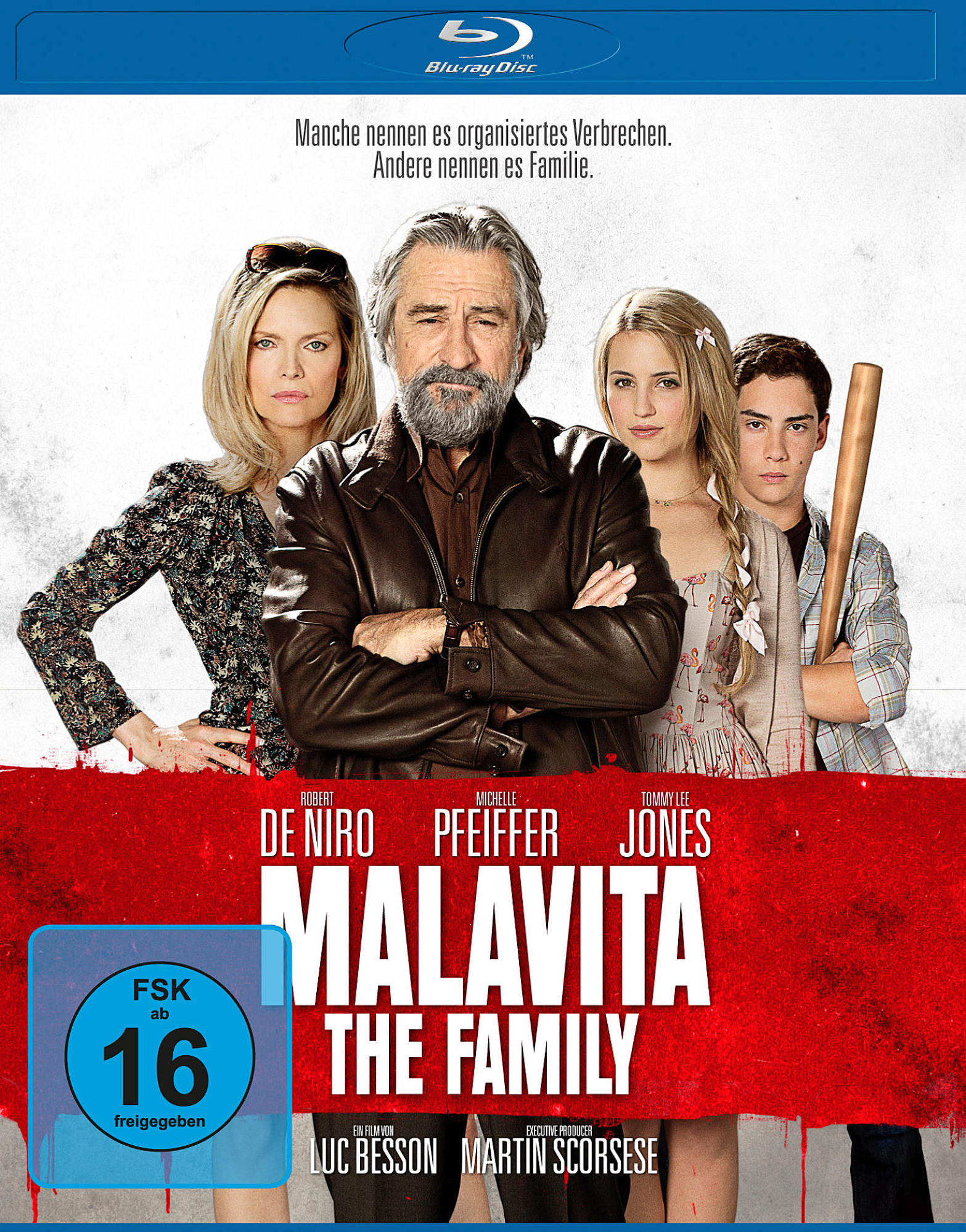 Filmposter: De Niro, Pfeiffer und Jones in 'Malavita', einem Familiendrama.