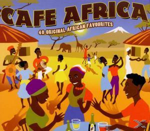 Bunte Illustration: Menschen tanzen, musizieren und essen. Afrikanisches Thema mit Hütten, Tieren und Bergen.