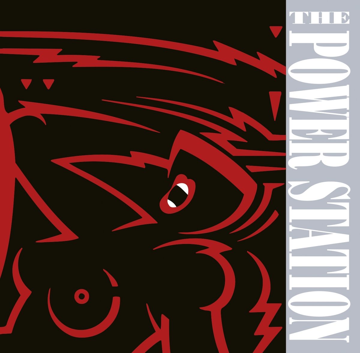 Abstraktes Albumcover in Rot und Schwarz. Es hat geometrische Formen und den Text: 'The Power Station'.