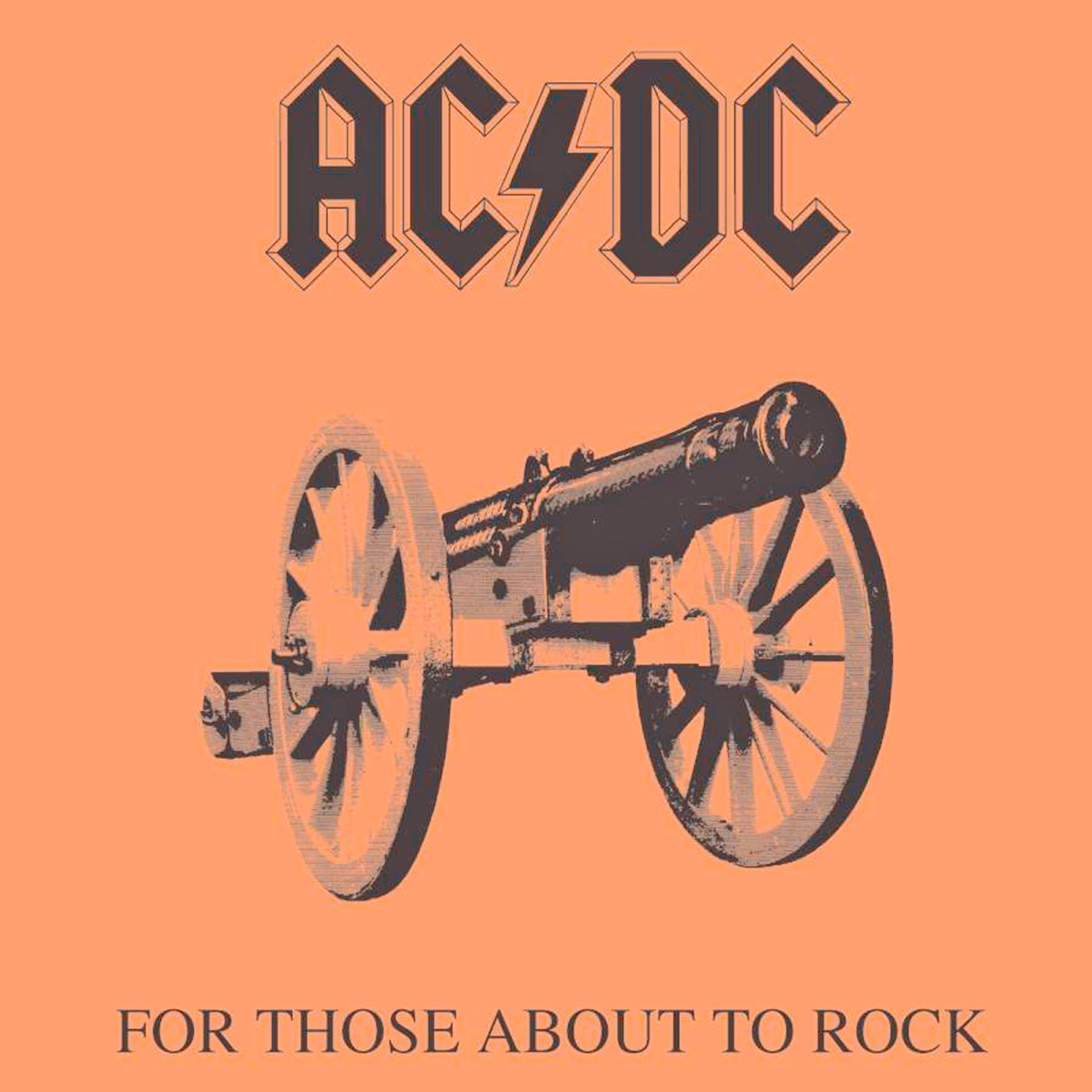 Albumcover mit Schwarz-Weiß-Bild einer Kanone auf orangefarbenem Hintergrund, mit AC/DC-Logo.