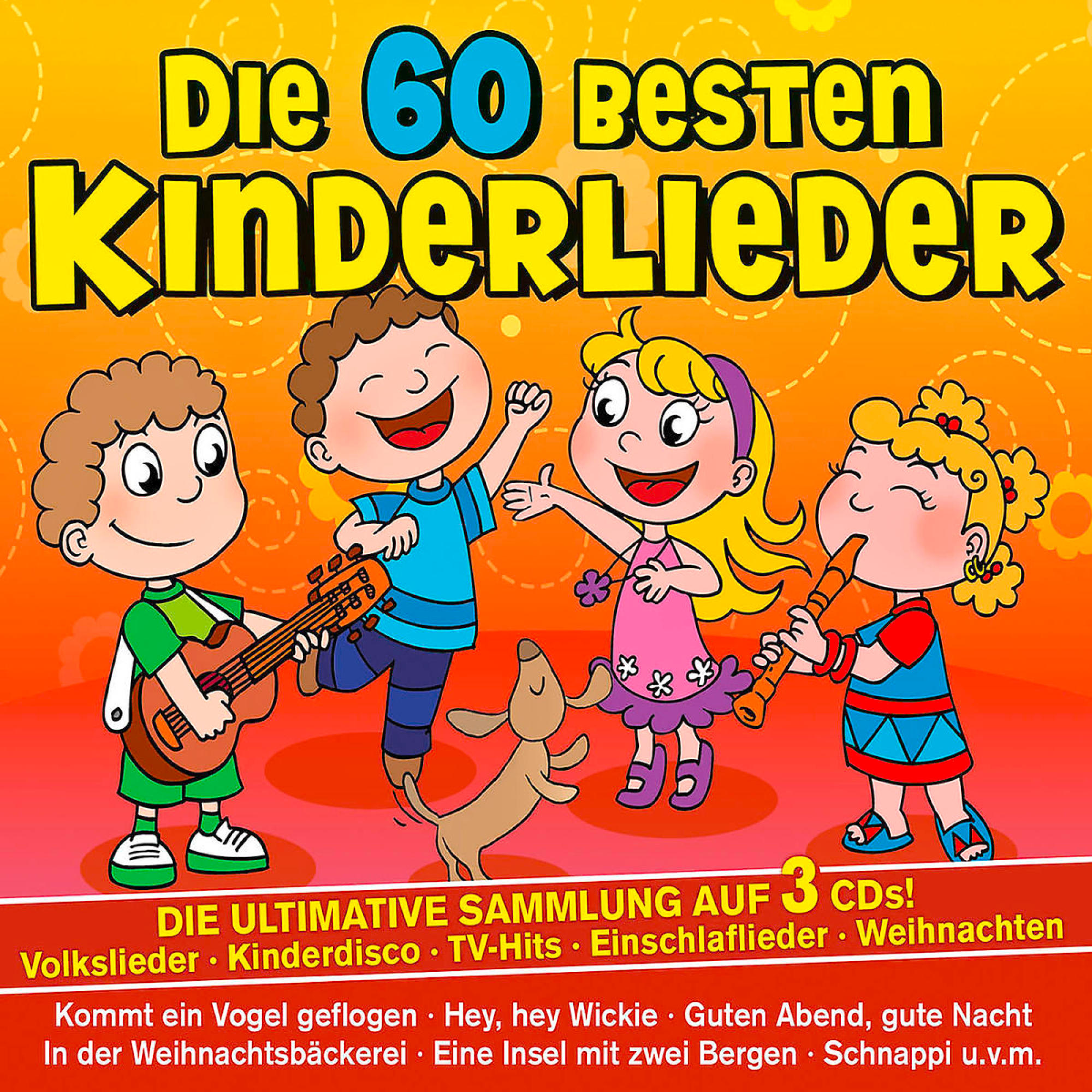 Cartoon-CD-Cover: Kinder spielen Instrumente, Hund. Titel: 'Die 60 Besten Kinderlieder' auf Orange.