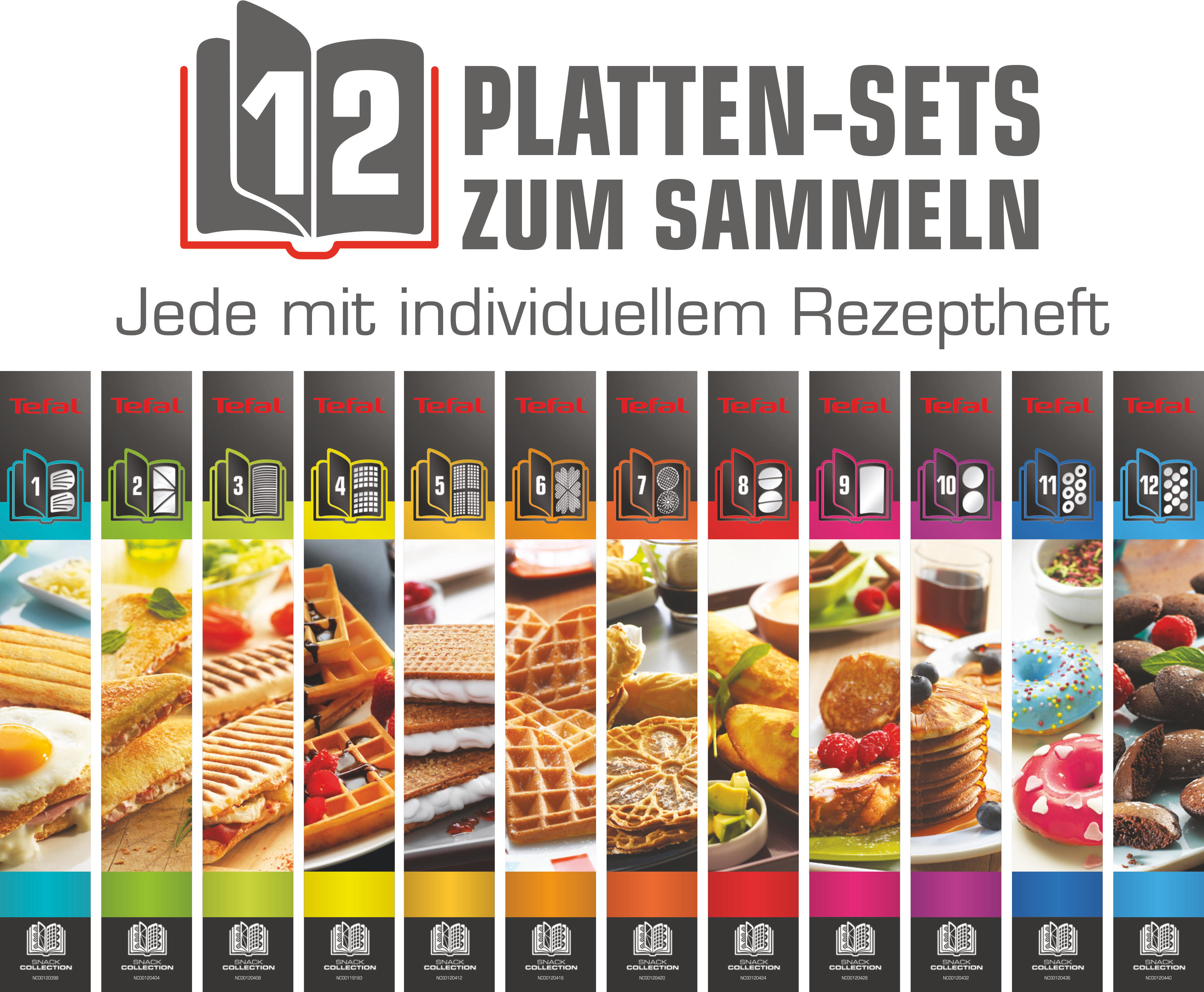 Eine Reihe von 12 Kochbüchern mit Essensbildern. Text: 12 Plattensets zum Sammeln.