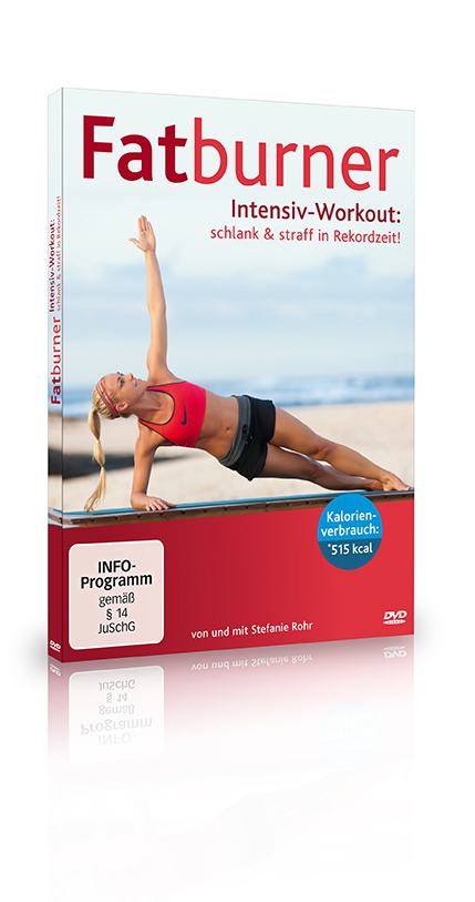 DVD-Cover: Frau in rotem Sport-BH trainiert. Text: "Fatburner", "Intensiv-Workout", Strandhintergrund.