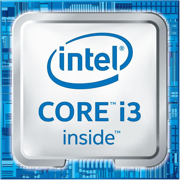 Gümüş çerçeve içinde Intel Core i3 logosu, mavi arka plan.