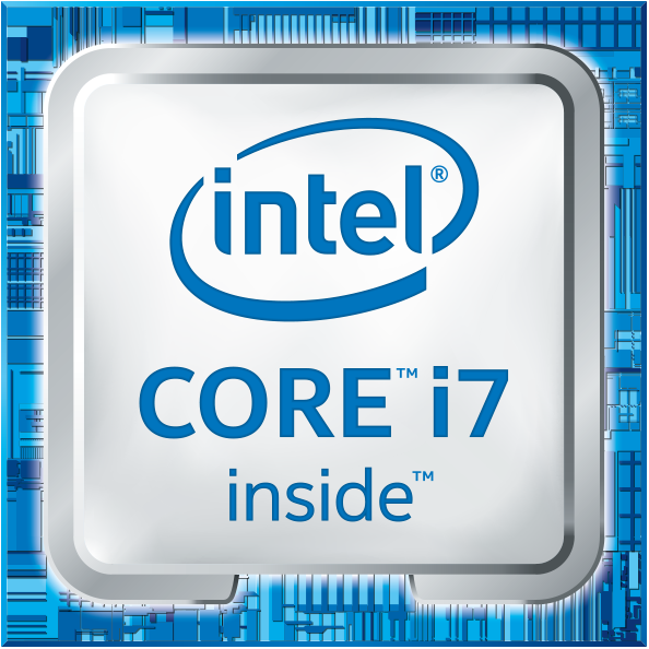Gümüş çerçeve içinde Intel Core i7 logosu, mavi arka plan.