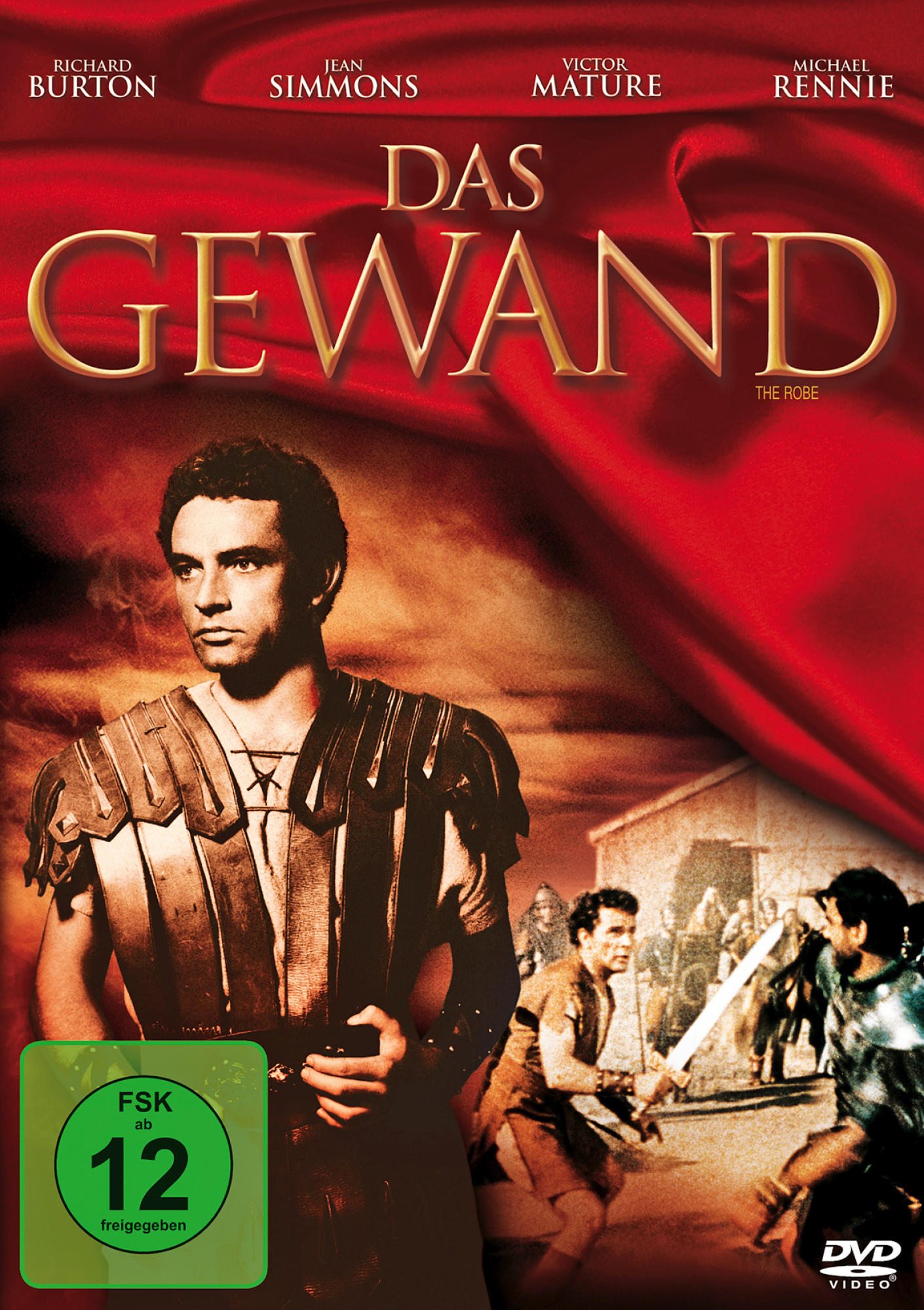 DVD-Cover von „Das Gewand“ mit Richard Burton in römischem Kostüm und einer Kampfszene im Hintergrund.