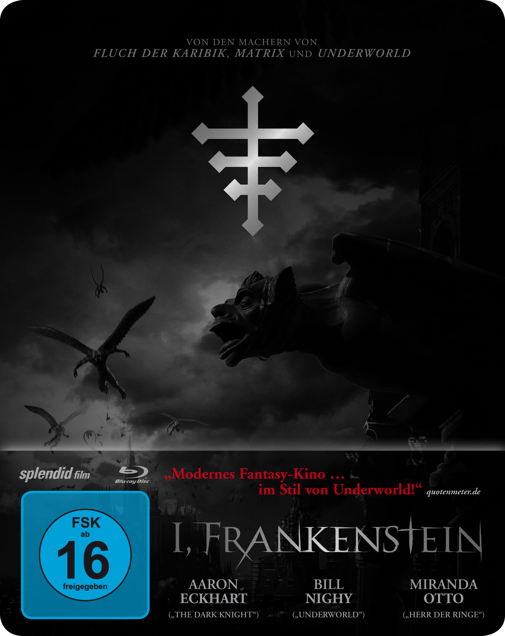 Filmcover: Gotische Bilder, Wasserspeier, Kreuzsymbol. Text: I, Frankenstein.