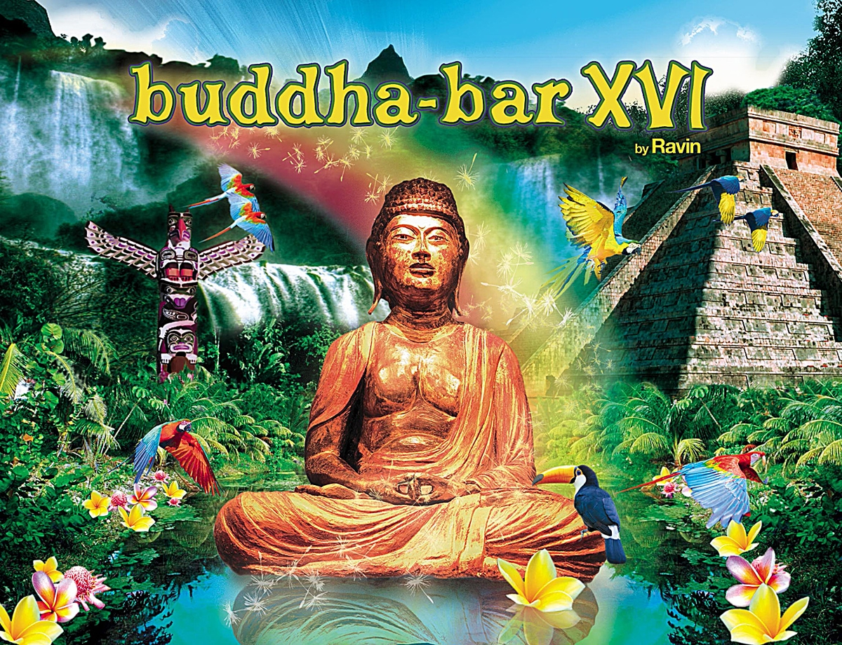 Buddha-Bar XVI Albumcover mit einer goldenen Buddha-Statue und verschiedenen szenischen Elementen.