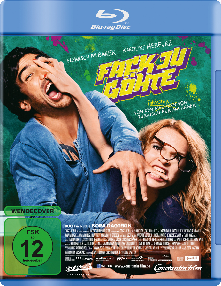 DVD-Cover: Zwei Personen, eine bedeckt den Mund der anderen. Titel: 'Fack ju Göhte'. Grüner Hintergrund.