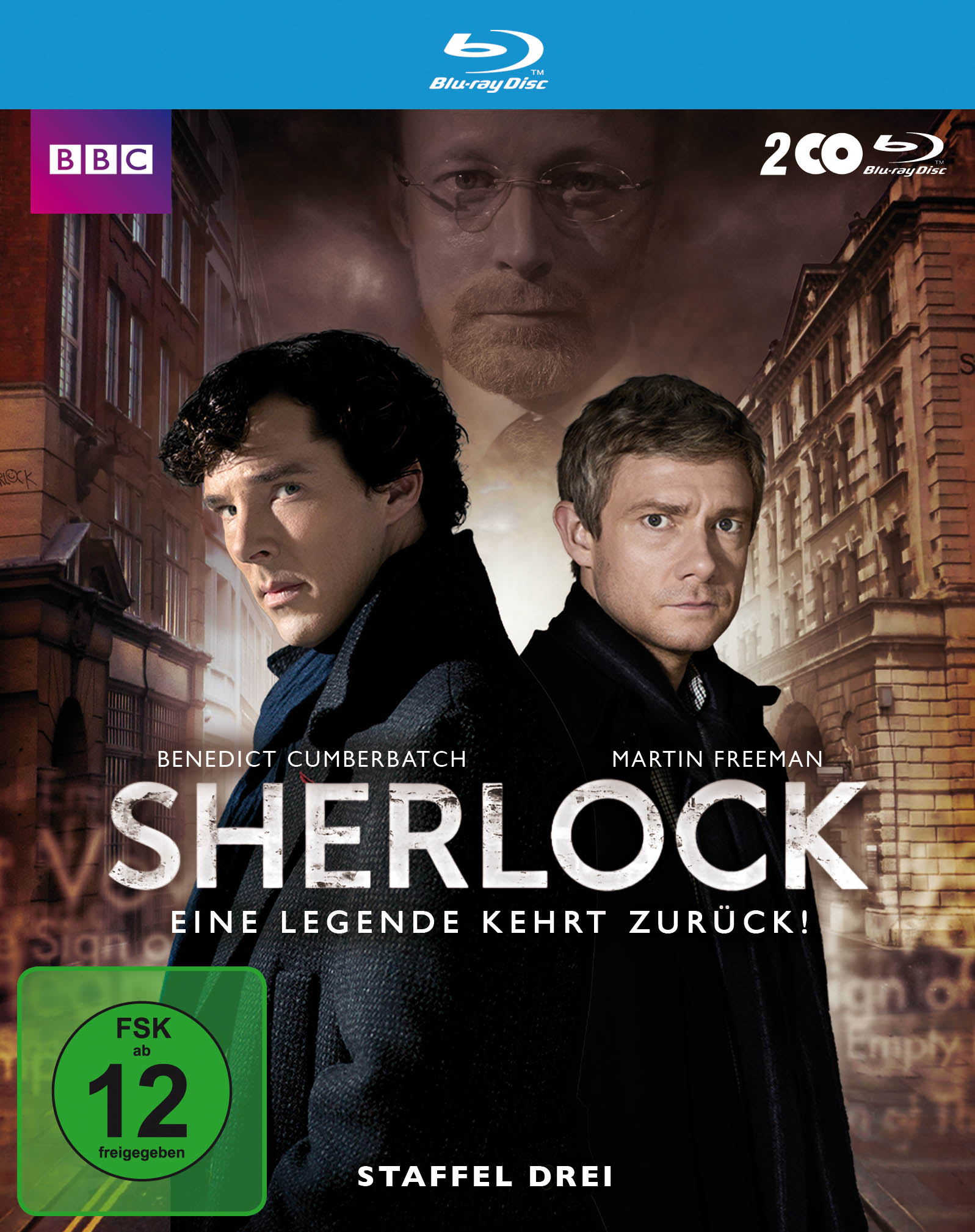 Blu-ray-Cover für Sherlock. Zeigt Benedict Cumberbatch und Martin Freeman mit Text.