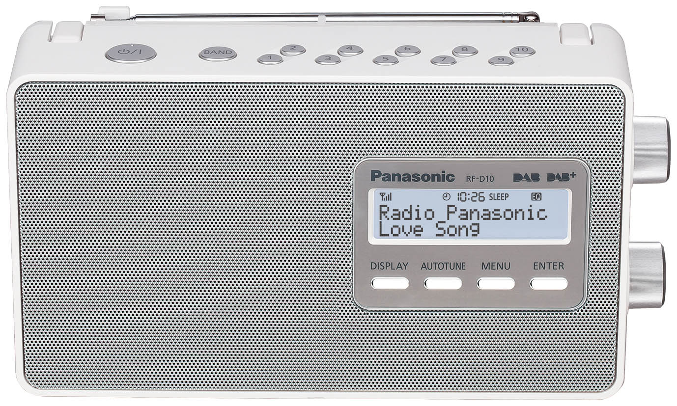 Radio Panasonic blanche. Écran affichant du texte et plusieurs boutons.