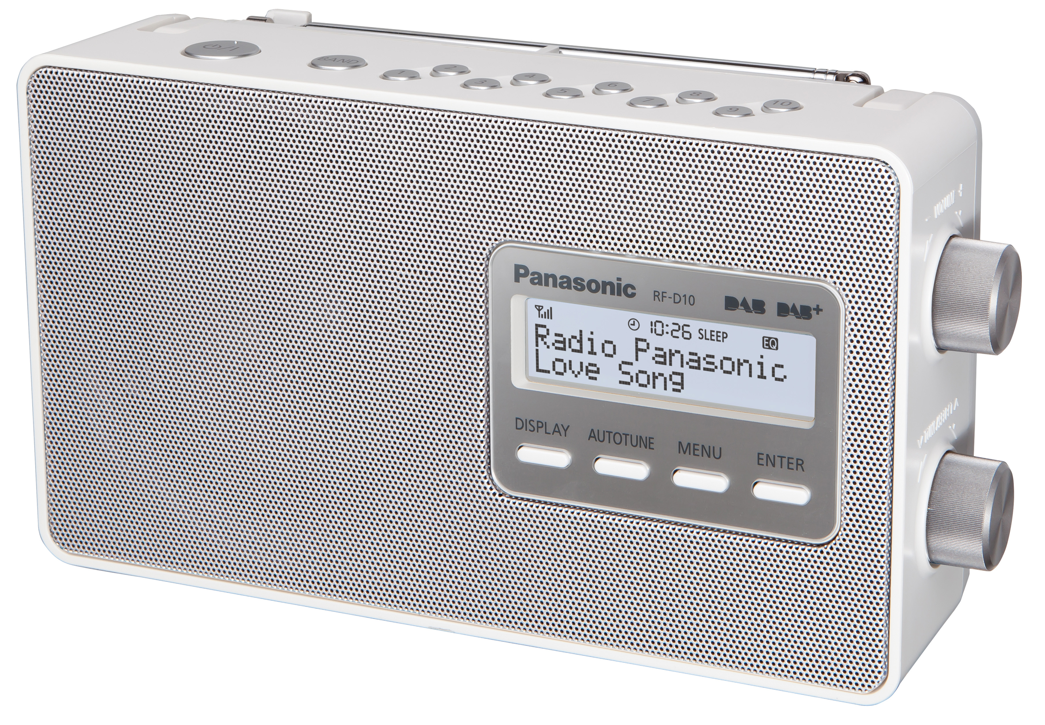 Radio bianca. Rettangolare con uno schermo. Pulsanti e una manopola. Griglia dell'altoparlante argentata.