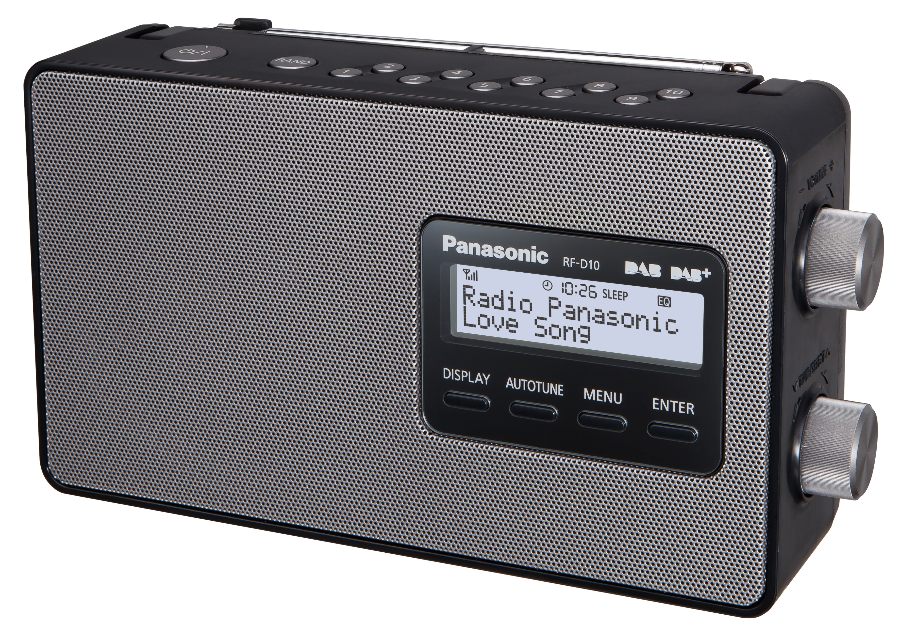 Radio Panasonic noire et argentée avec un écran affichant des informations radio.