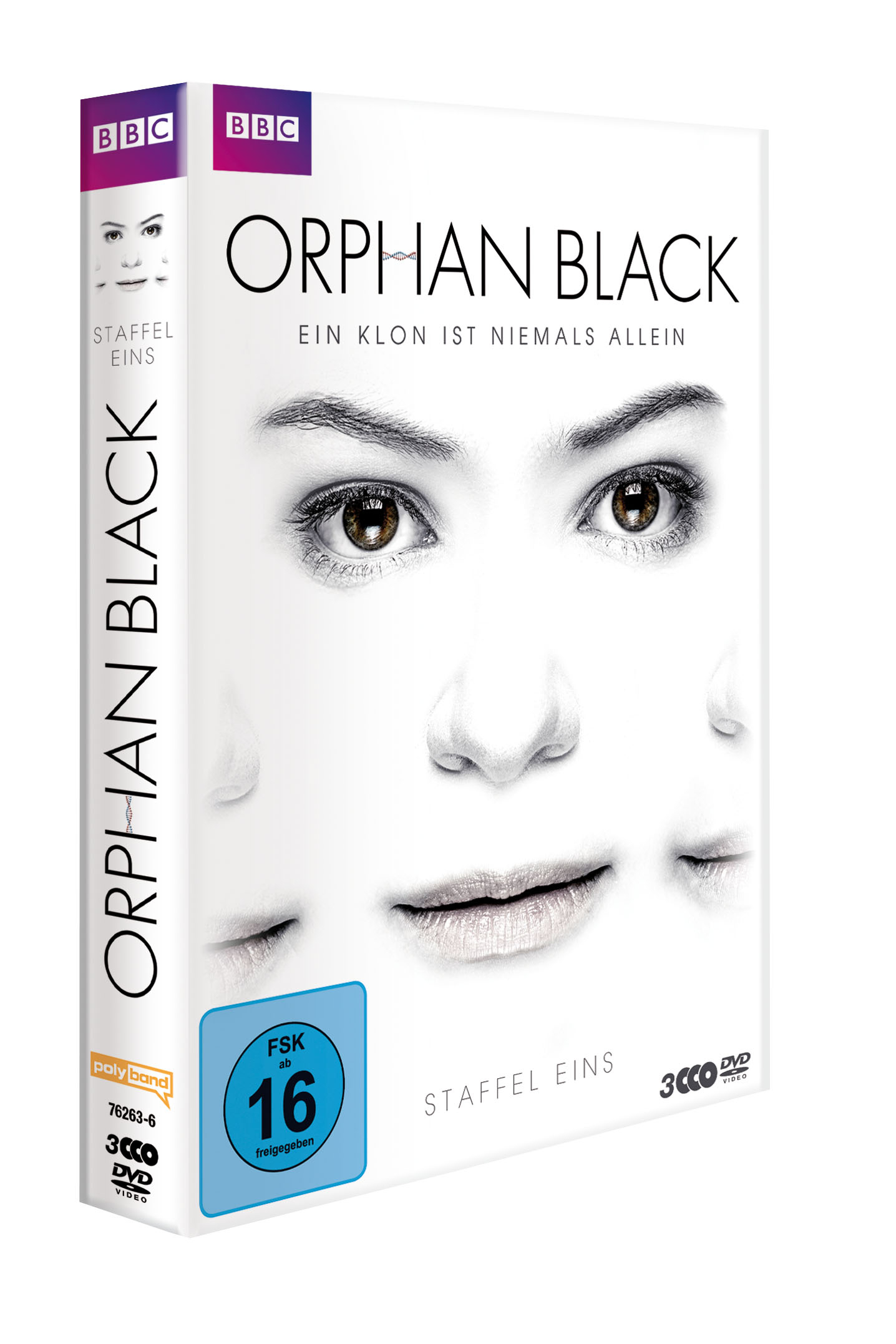 Orphan Black DVD. Weißes Cover mit mehreren Gesichtern und Text. BBC-Logo.