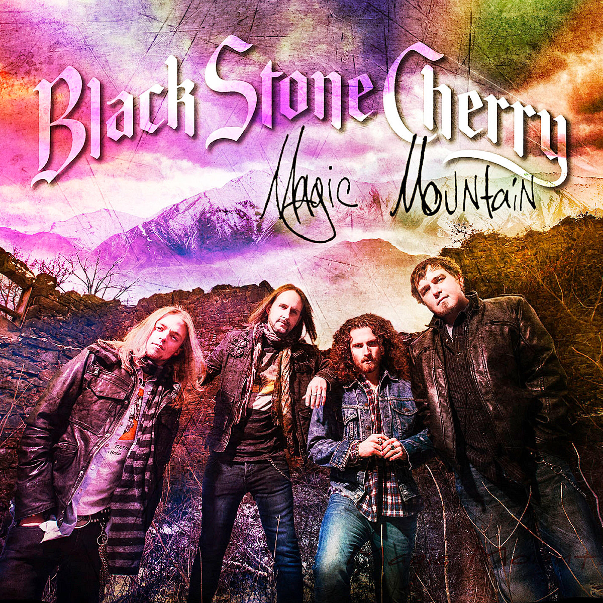 Black Stone Cherry Albumcover: Magic Mountain. Bandmitglieder posieren, Berge im Hintergrund.